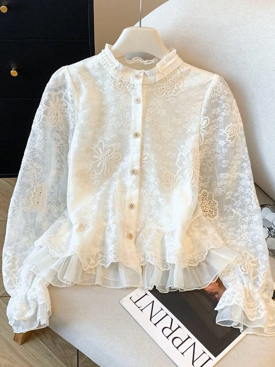 

Elegant Embroidered Lace Shirt Women's Long Sleeve Spring Fashion Patchwork Hemline Stand Collar Open Cardigan Style Casual Wear