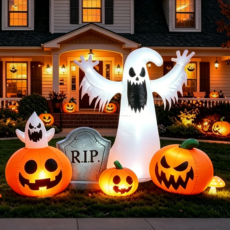 Halloween Inflatable Decorations 2.3M Ghost Pumpkin Tombstone Set LED Light Up Outdoor Yard for Garden  Front Lawn Party Decor