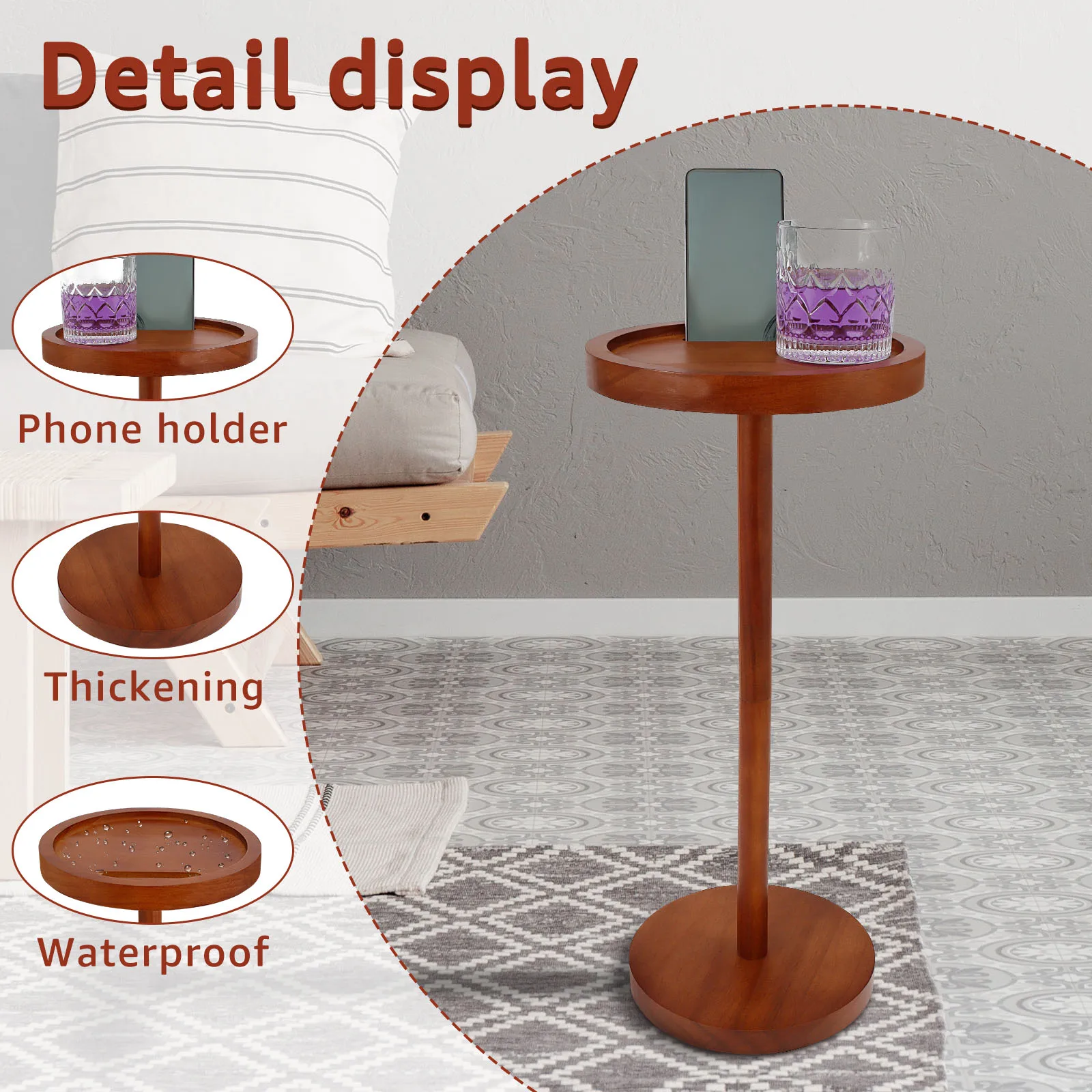 Round Wooden Side Table High 55cm Drink Table with Phone Holder Nightstand Side Table, Storage Desk, Coffee Table for Bedroom image 3