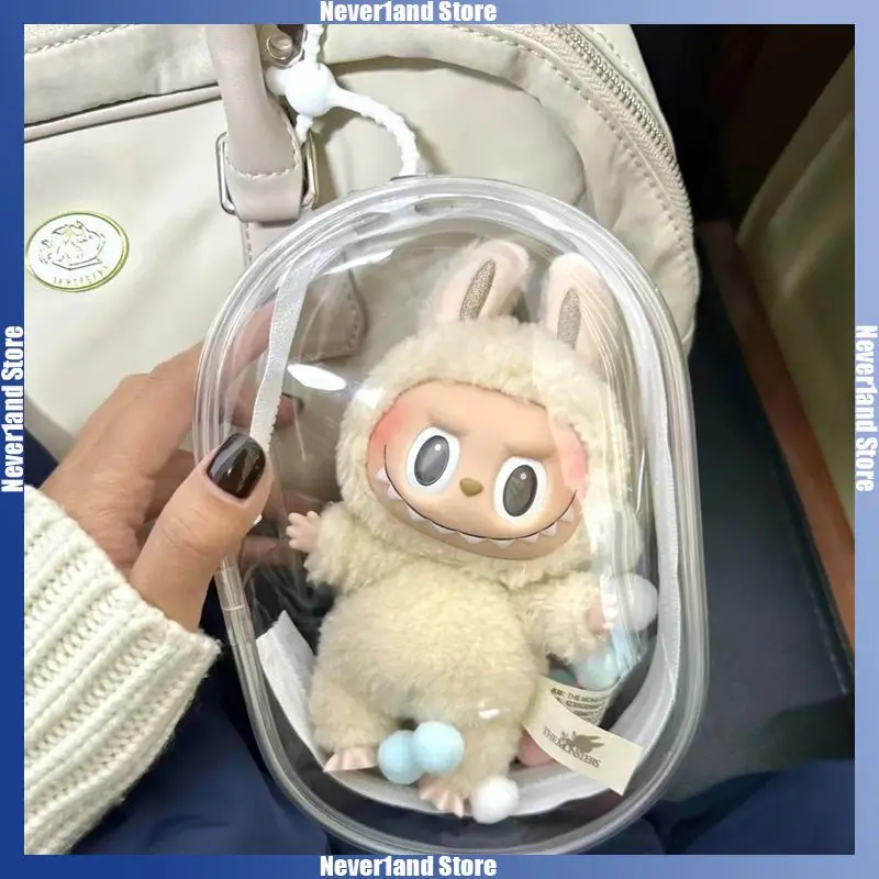Casing pelindung transparan Labubu I II, kotak tampilan portabel Mini boneka mewah tahan debu 15cm 17cm aksesoris boneka tas