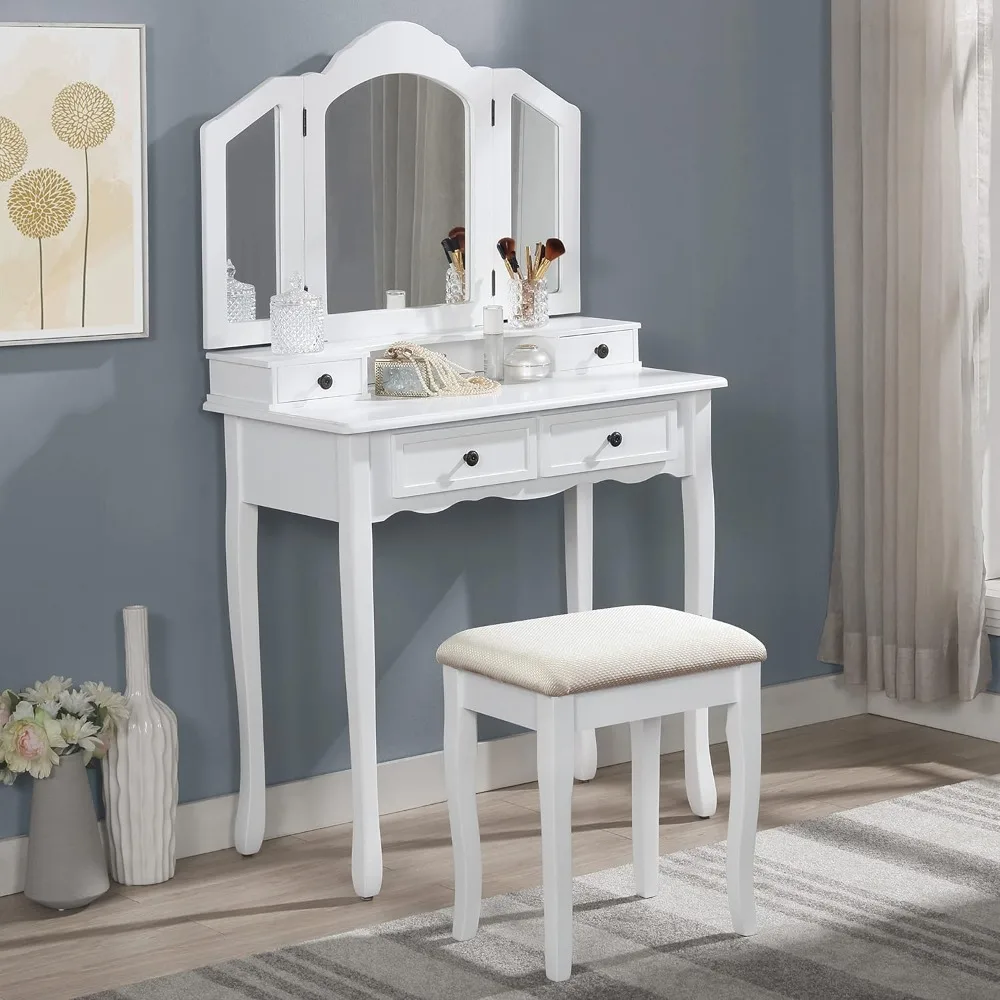 Wooden Makeup Table and Stool Set in White