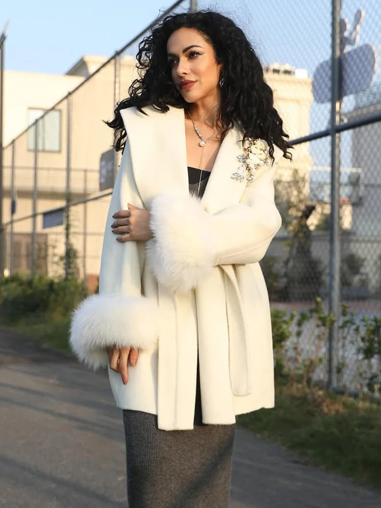 Trendix Loose Fox Fur Overcoat For Women Winter Elegant Double-sided Woolen Coats 2025 New Jackets Office Lace Up Short Cardigan