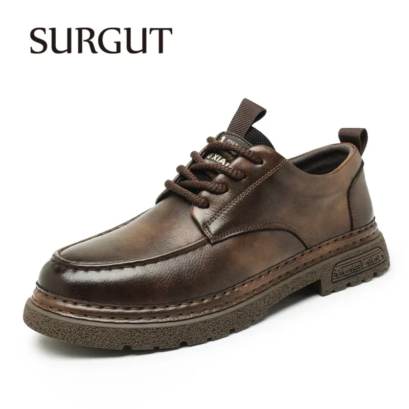 SURGUT Genuine Leather Fashion Casual Shoes Men Versatile Comfort Breathable Thick Heel Lace Up Anti-Skid Rubber Sole Shoes