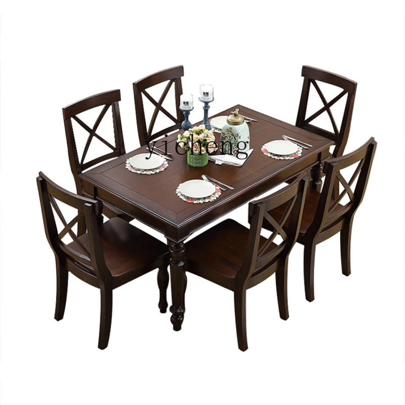 

ZF Country Solid Wood Table Rectangular Dining Chair Combination Roman Column Dining Table Furniture