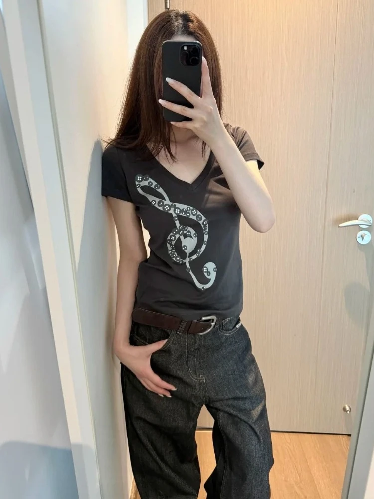2026 Y2k Aesthetic Note Printing Women T-shirt Vintage Streetwear Punk Bodycon Grunge Tshirts Harajuku Short Sleeve Summer Tees