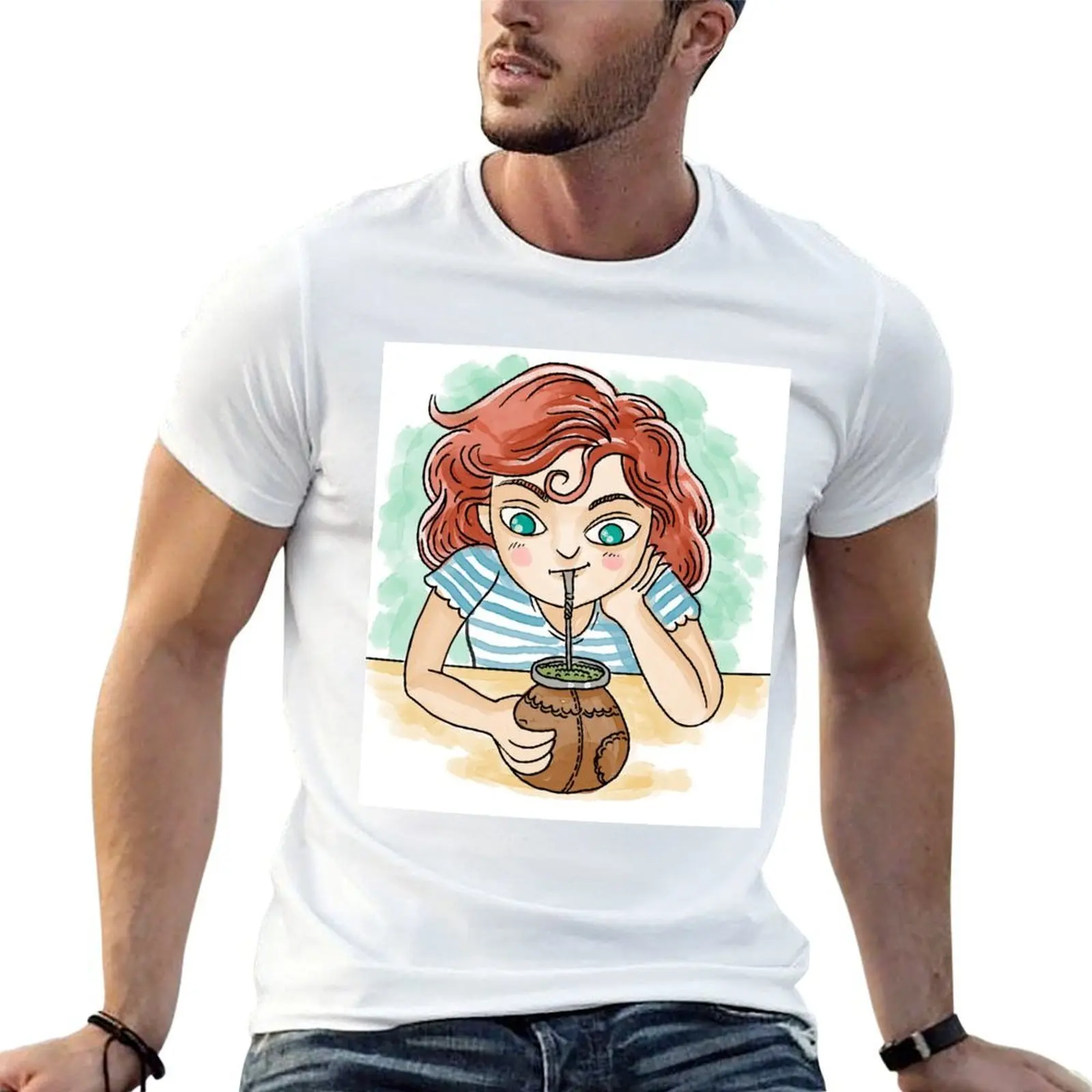 

girl drinking yerba mate hot infusion T-Shirt essential t shirt t shirt for man 100 percent cotton T-Shirt