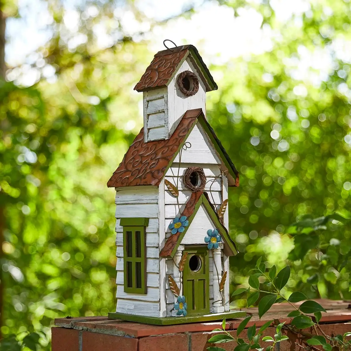 

Oversized White and Green Solid Wood 3-Story Villa Bird House, 20" H Distressed Decorative Outdoor Garden Birdhouse
