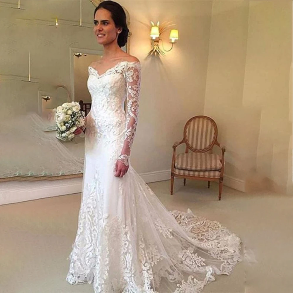 

Exquisite Wedding Dresses V-Neck Illusion Lace Long Sleeve Mermaid Bride Dress with Appliques Sweep Train Bridal Gown Customized