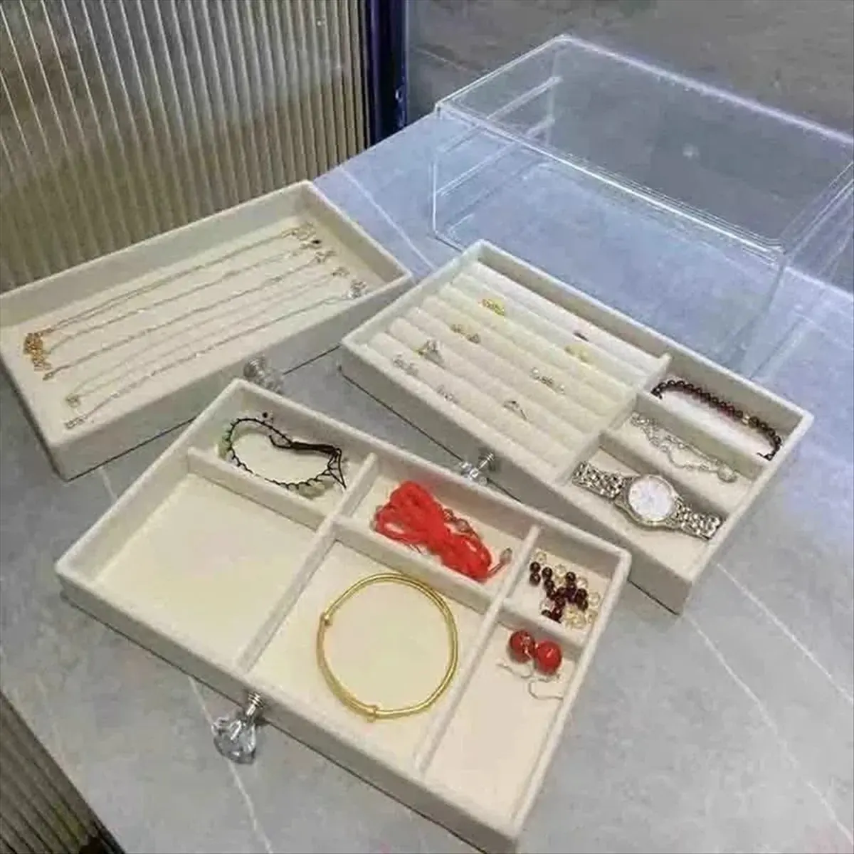 belong Capacity High-Grade Exquisite Oxidation Three Drawer Desktop Jewelry Bracelet Ring Jewelry Large Storage Box Gray