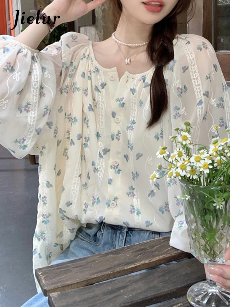 Jielur Summer New Slim Floral Women Shirt Sweet Ladies Casual Fashion Shirt Woman Loose Korean Chic Long-Sleeved Top Female