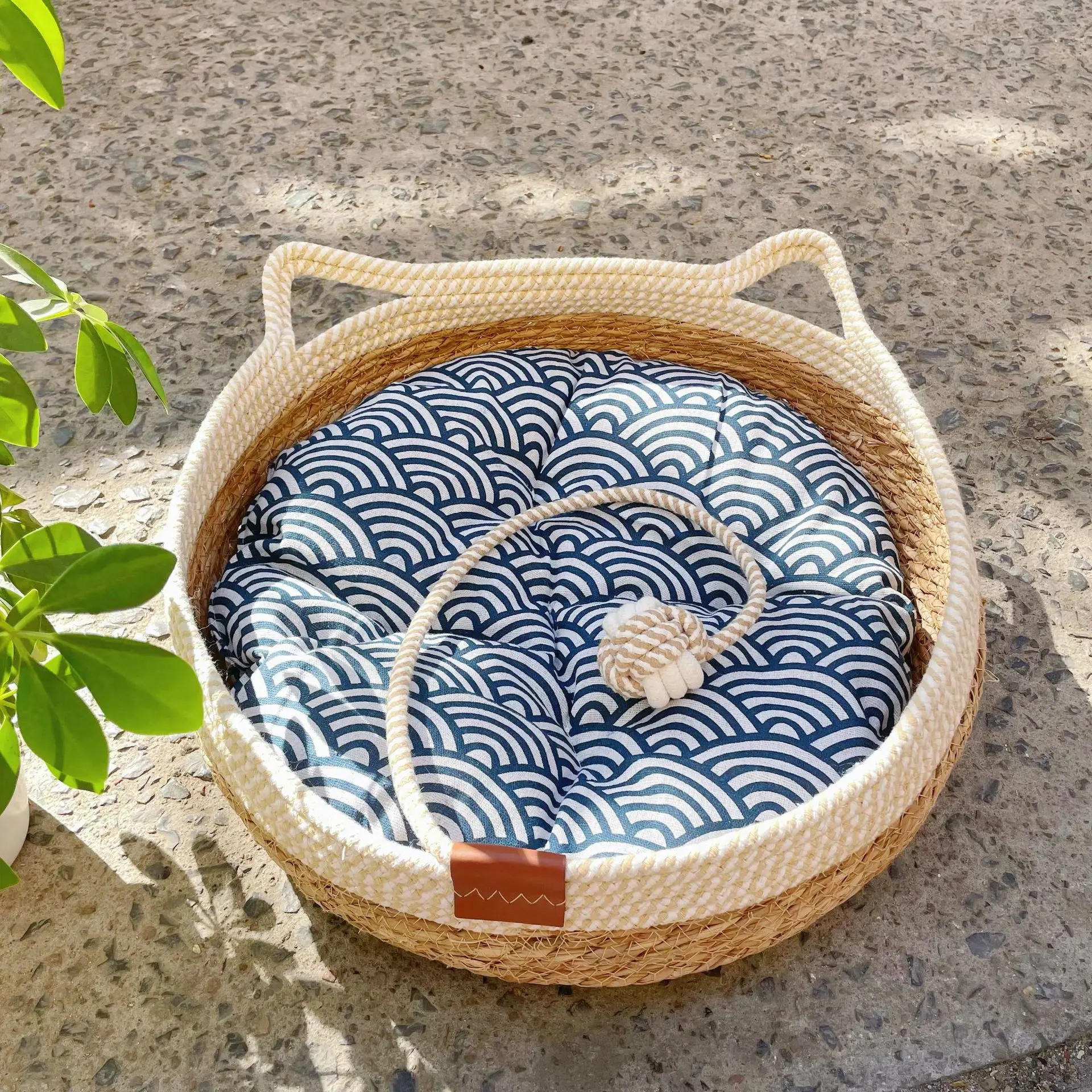 Ouzey 2024 Nieuwe Rotan Geweven Kat Bed Huisdier Nest Alle Seizoenen Comfortabel Slapen 35/40Cm Kat Nesk Ronde Kat Huis Puppy Hondenmand