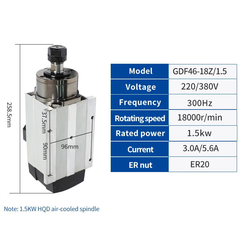 1.5kw ER20 Belt Flange Air Cooled Spindle Motor 220v 380v Square Ceramic Ball Bearings Spindles Wood Carving Milling Machine