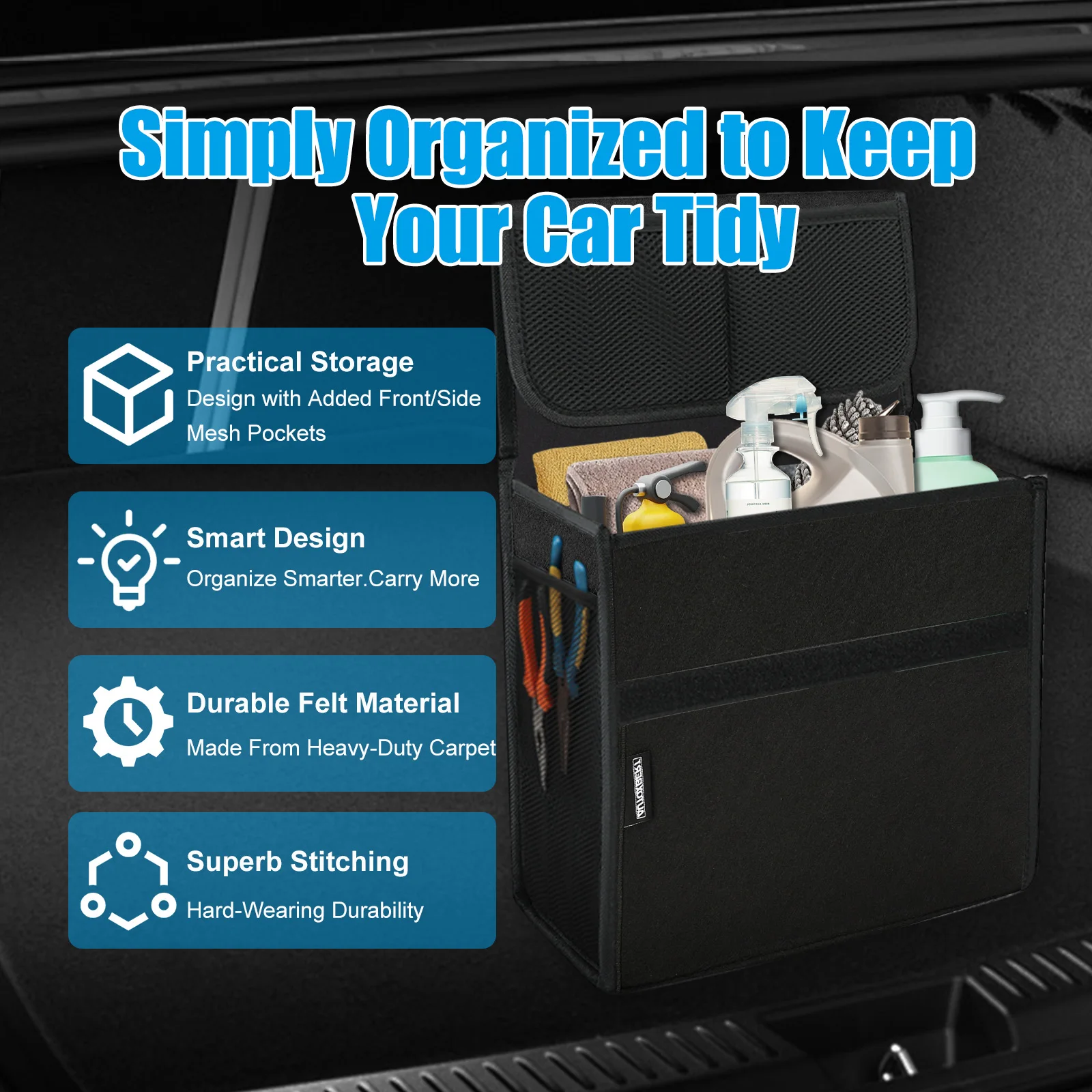 Auto Boot Storage Bag Anti Slip Car Trunk Organizer Felt Tool Bag Compartment Foldable Tidy Organiser Universal Car Accessories