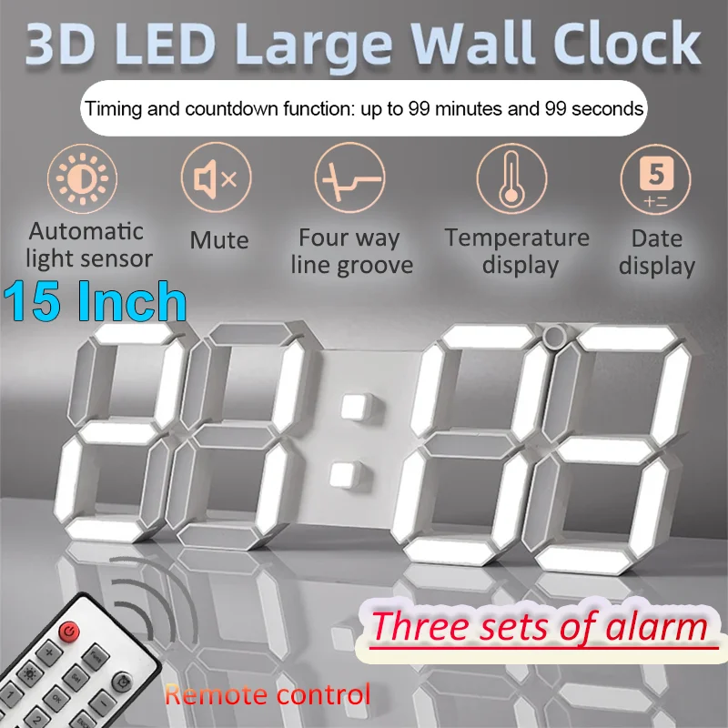 15 Inch Digital LED Large Wall Clock 3D Display Remote Control Electronic Clock Automatic light Timing and Countdown Function