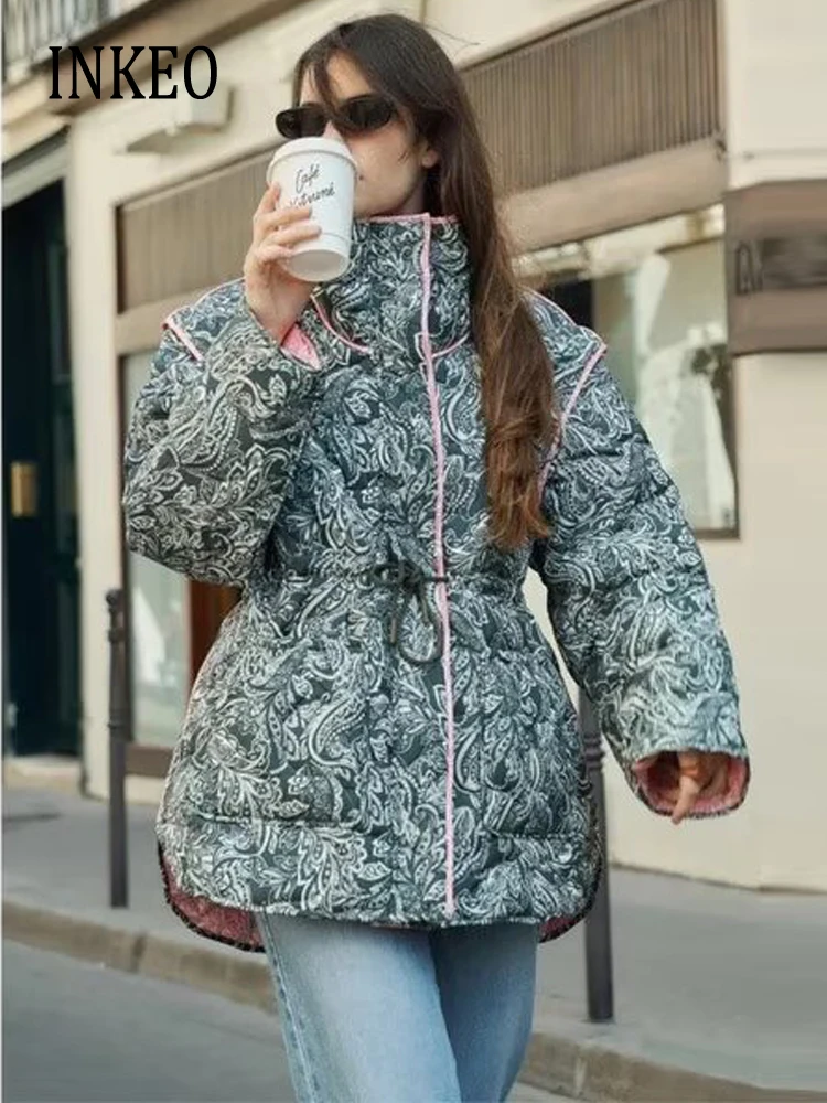 

Streetwear Floral print Parks Cotton padded Jacket Women's Warm 2024 Autumn Waistcoat Vest Fashion Detachable sleeves Coat 3O386