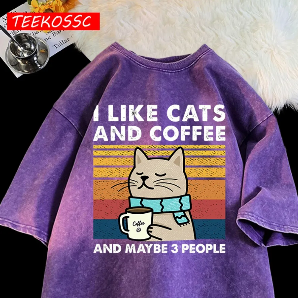 Ich mag Katzen, Kaffee und vielleicht 3-Personen-Retro-T-Shirt für Herren, Sommer, lockere Kleidung, trendige O-Ausschnitt-gewaschene Tops, weiche Baumwolle, Streetwear