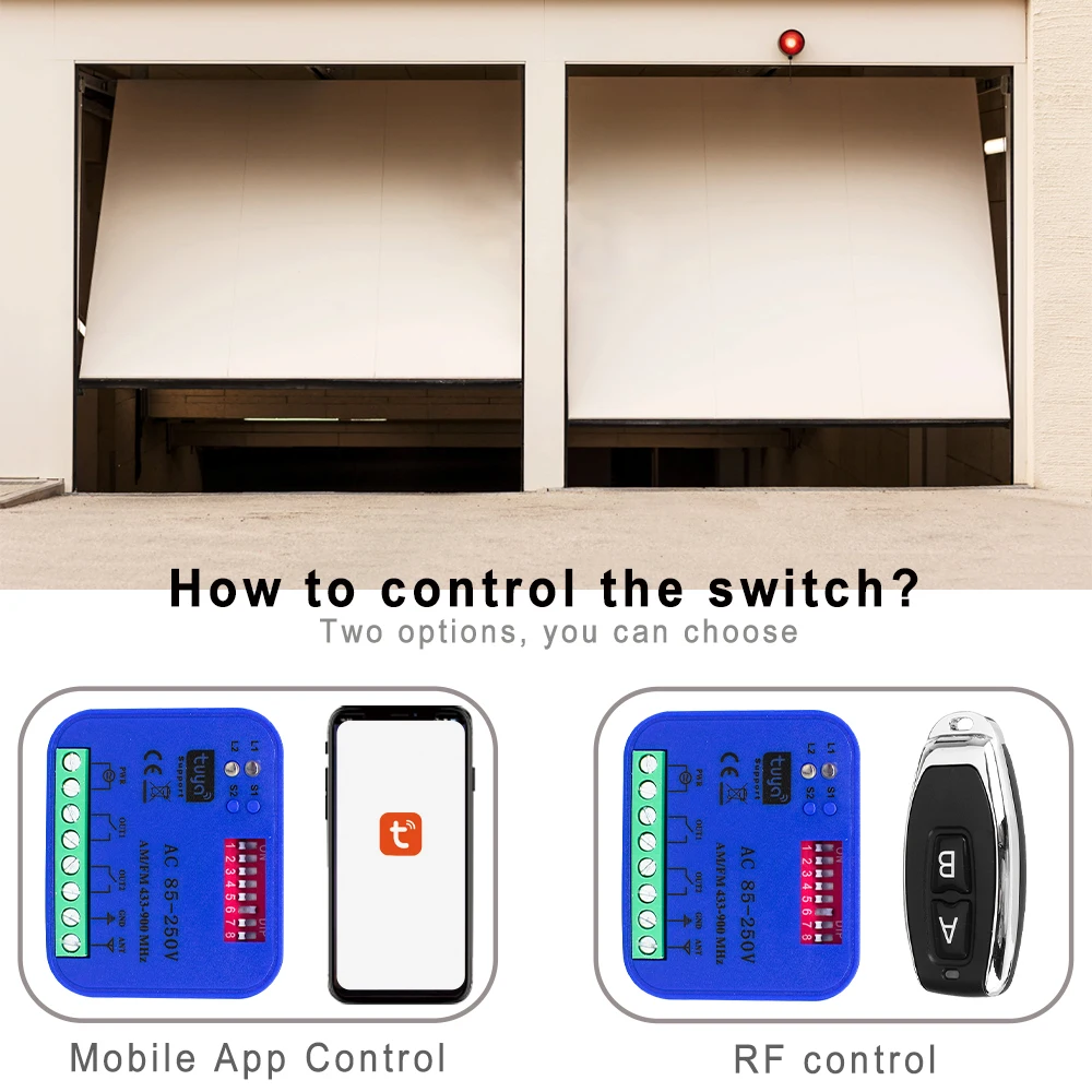 

Умный приемник гаражных ворот Tuya, 2 канала, релейный переключатель Wi-Fi, работает для 300-900 МГц, 433,92 МГц, 868 МГц, пульт дистанционного управления воротами
