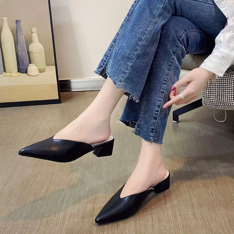 Maogu Summer Shoes Fashion Luxury Square Heel Slides Slip on Mules Black Female Party Shoes Pointed Slippers Women High Heels 42