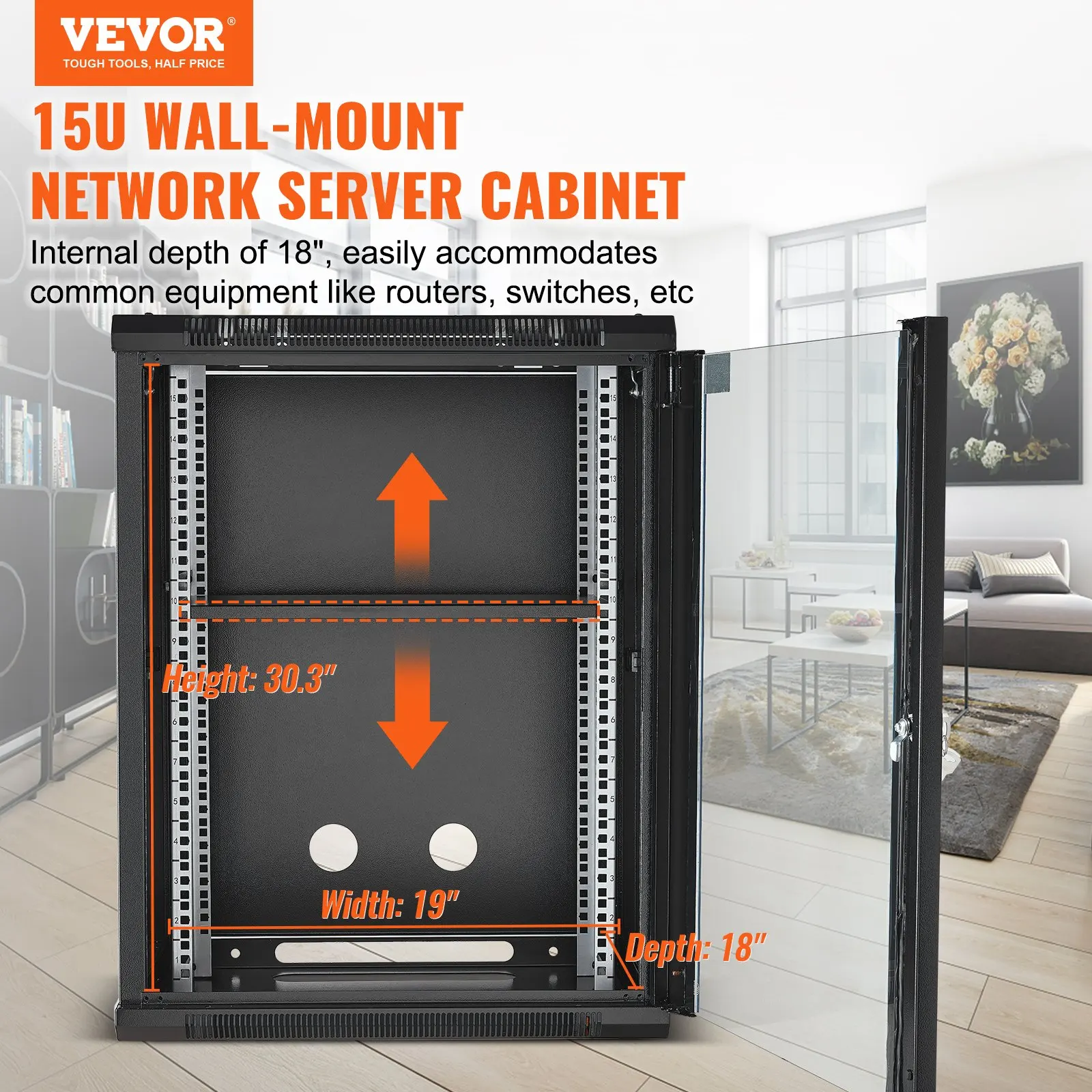 15U Wall Mount Network Server Rack Cabinet Enclosure 18Glass Door Lock