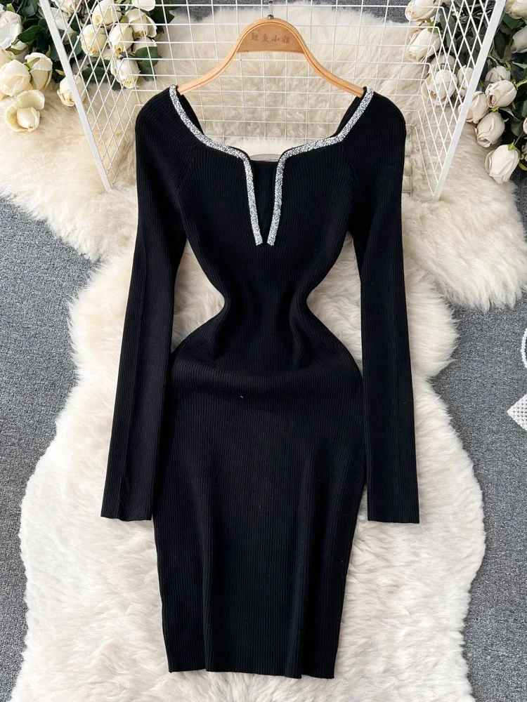 Retro Slim Bodycon ชุดถักอารมณ์แขนยาวยืดเสื้อกันหนาว bodycon สแควร์ผู้หญิงฤดูหนาวชุดสั้น