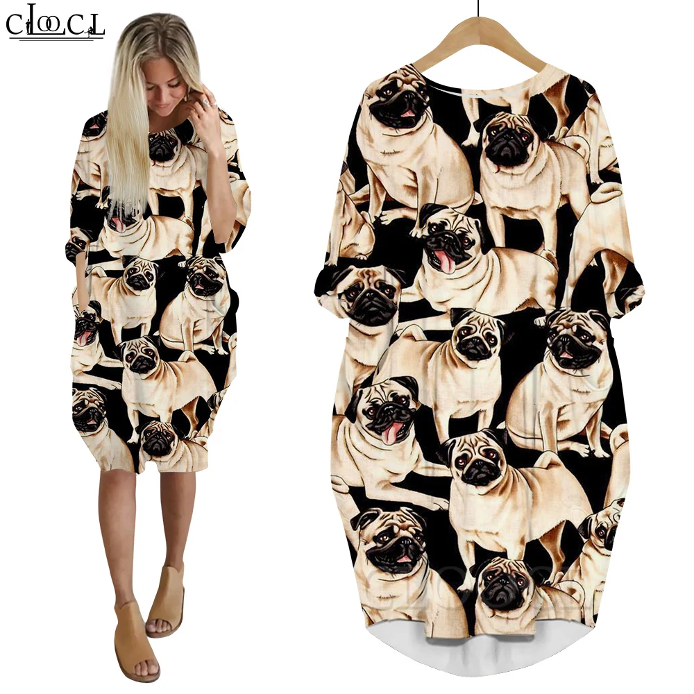 CLOOCL Jurken Lange mouw Slanke losse polyester vestidos Bulldog Digitaal printen Baggy gewaad Mode Oversized shirtjurken