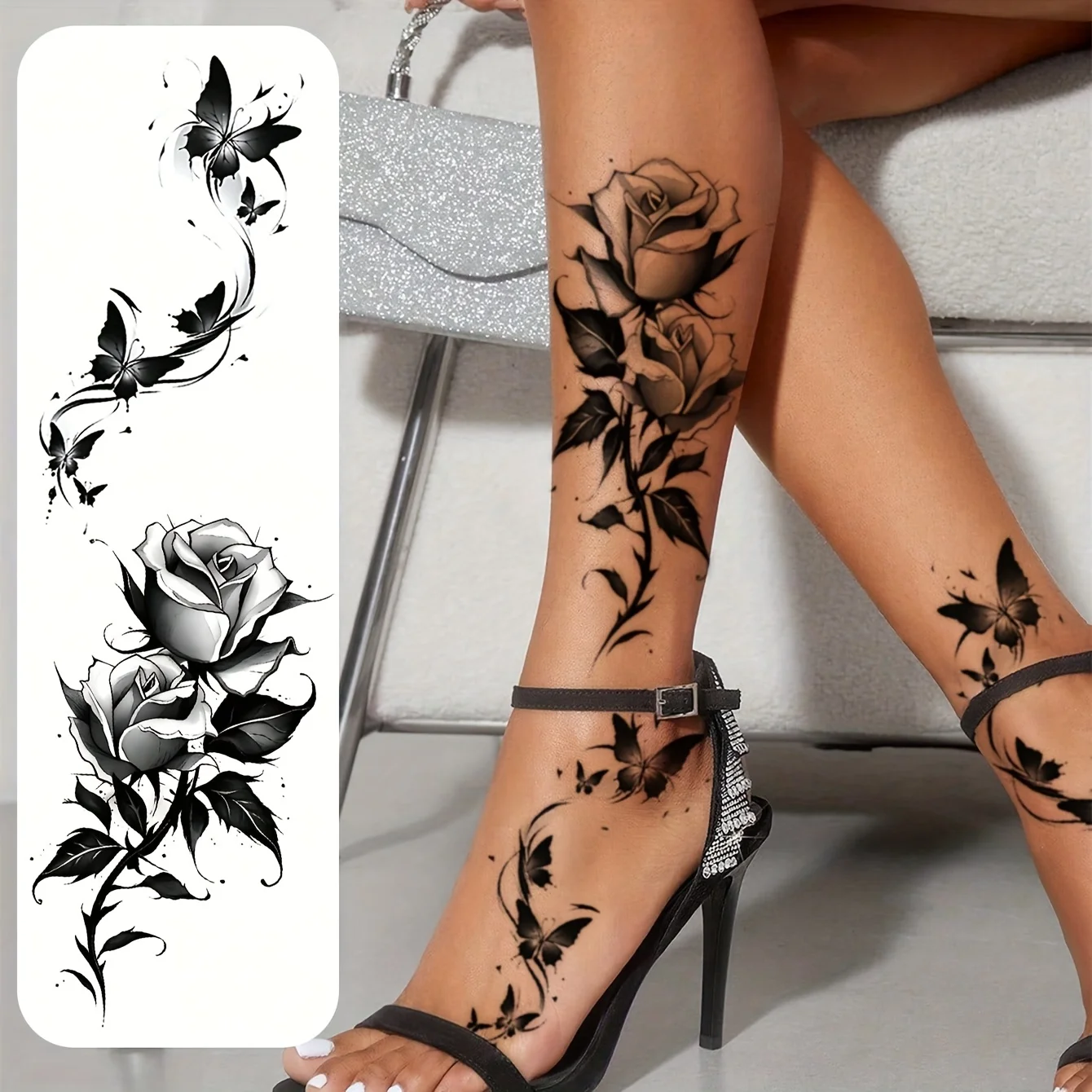 2 uds pegatinas de tatuaje temporal de flor y mariposa negra para mujeres, tatuaje falso resistente al agua y de larga duración para brazo, pierna y pecho