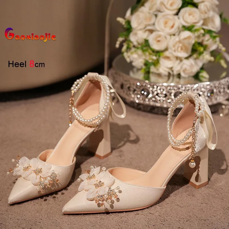 

Fashion Satin Wedding Shoes Women Rhinestone Pearl Chain Hollow Sandals Party Dress Shoes Coarse Heel High Heels Single Shoes