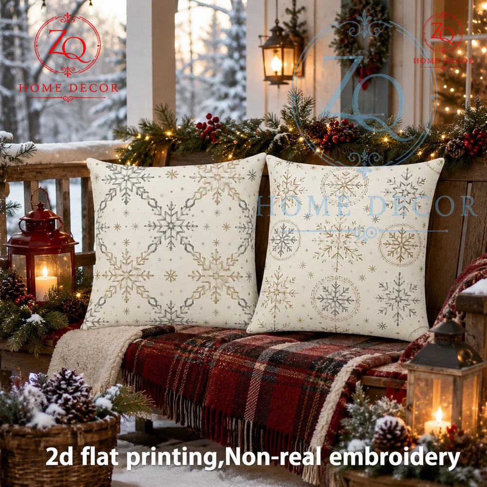 Festive Winter Wonderland Snowflake Throw Pillow Covers - Neutral Boho Christmas Decor for Sofa Couch Bed