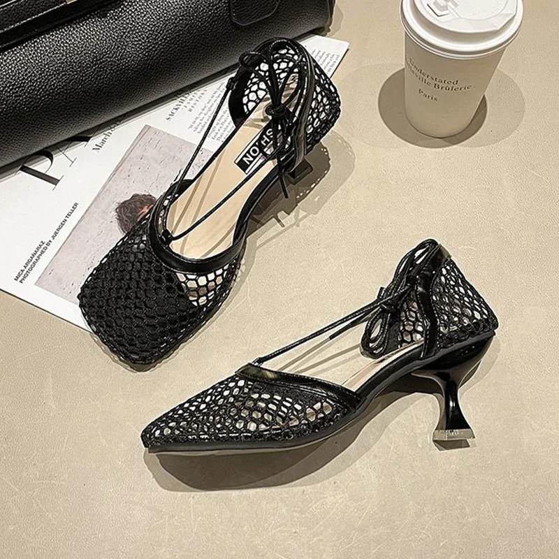 Mesh Hollow Women High Heels Sandals Shoes Designer Summer New 2024 Lace Up Sexy Rome Dress Shallow Mujer Zapatos Pumps Slippers