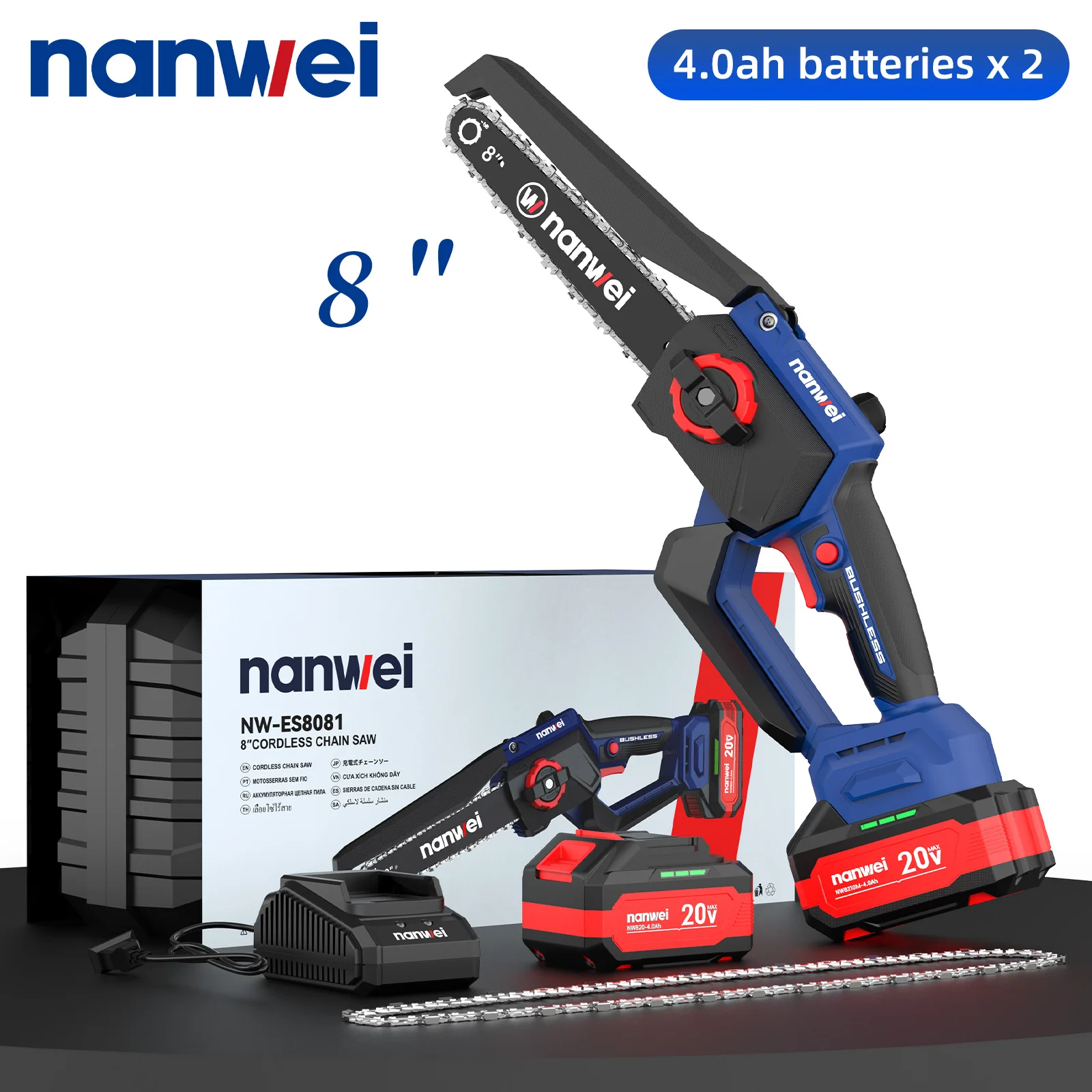 

Аккумуляторная бесщеточная цепная пила Nanwei Mini 8 дюймов 20В, портативная электрическая пила для сада, для резки древесины, беспроводная цепная пила