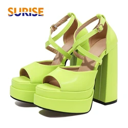 Sandali con plateau Peep Toe da donna estivi tacchi alti e grossi Rosy Green Black Dress Party Office Ladies Sexy Cool Cross-strap Shoes