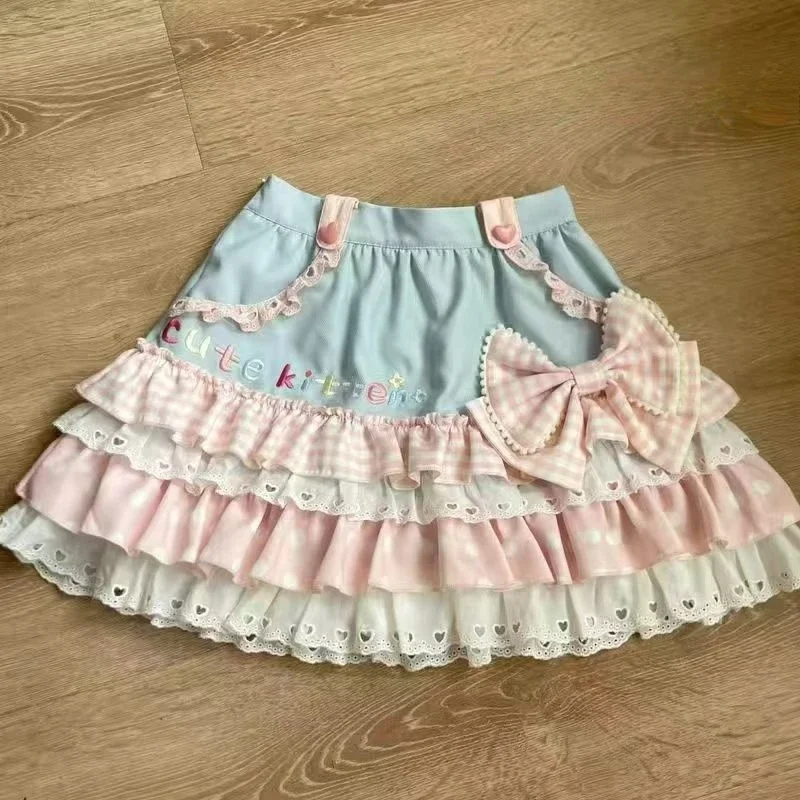2026 Japan Kawaii Lolita Style Skirt Women Sweet Bow Cat Print Short Skirts Casual Elegant Cute Cake Mini Skirts Harajuku Y2k