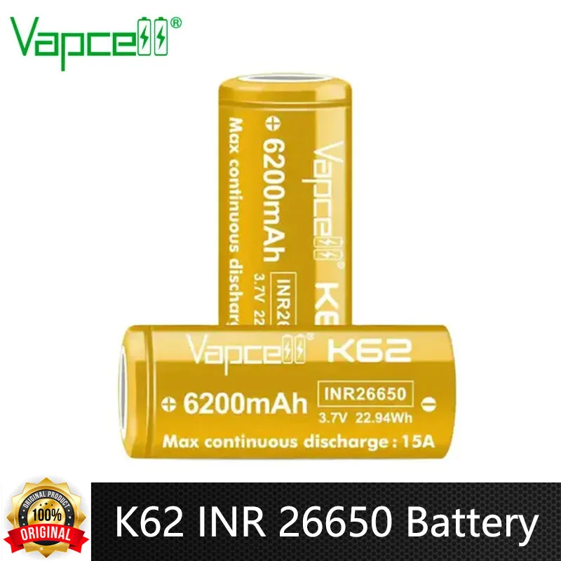 High-capacity Vapcell INR 26650 Battery 6200mAh Capacity CDR 15A 3.7V K62 Rechargeable Li ion Battery Battery Pack Searchlight