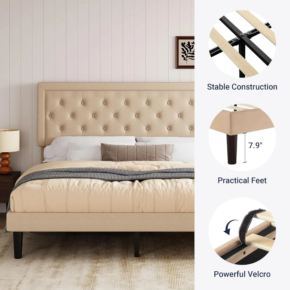 Bed Frame Upholstered Platform Bed with Adjustable Headboard, Button Tufted, Wood Slat Support, Easy Assembly