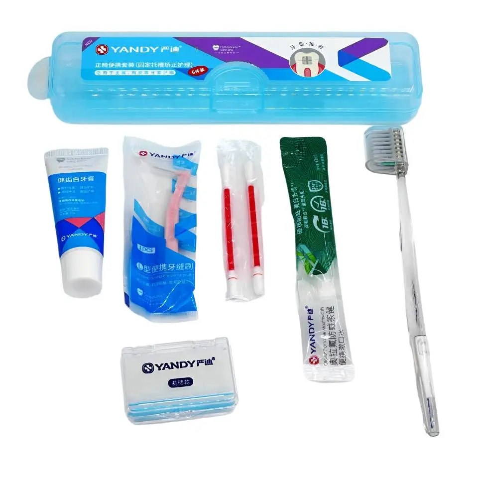 YANDY Orthodontic Care Kit Portable Travel Braces Cleaning Set Interdental Brush Wax Mouthwash Plaque Disclosing Solution 6Pcs