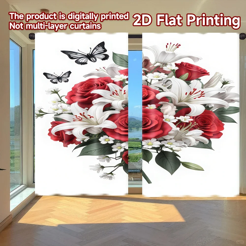 

2D flat printing 2pcs Drapes Valentine's Flower Bouquet Digital Printed Polyester Drapes Family Party for Indoor Celebrations