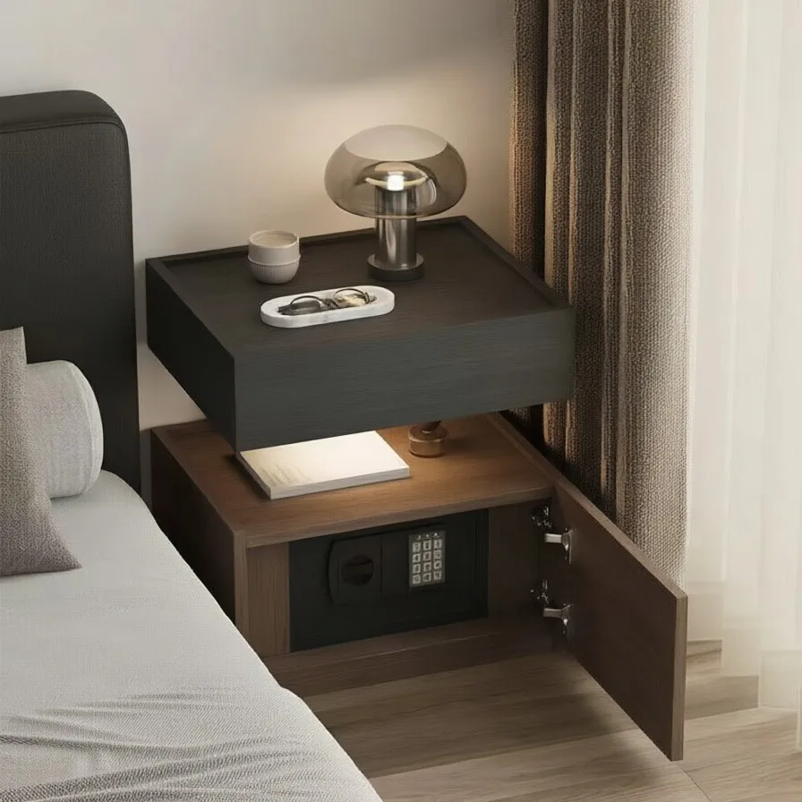Bedside table Safe integrated light bedroom Solid wood storage cabinet with lamp