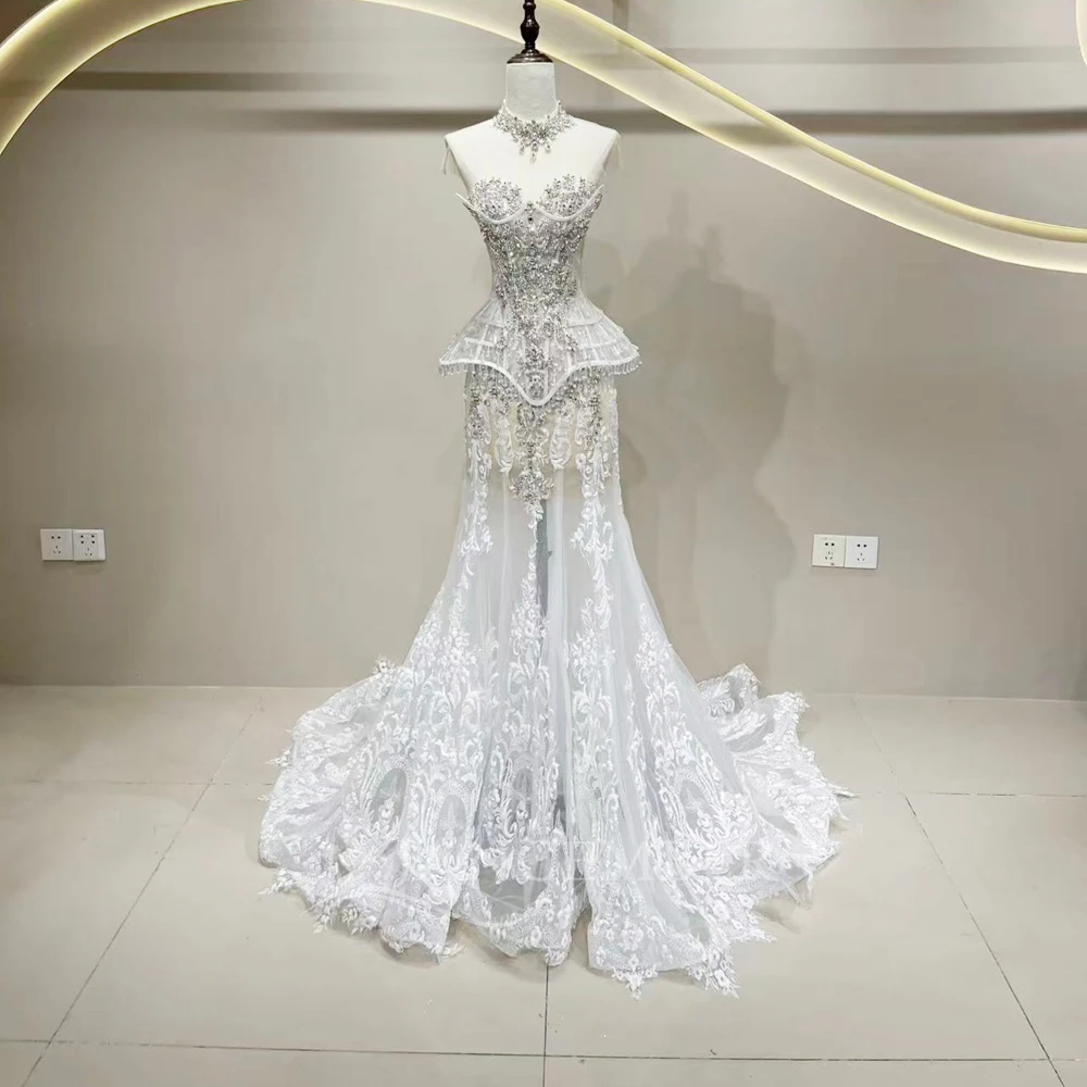 Customized Wedding Dresses Removable Train Illusion Short Sleeved Puffy kirt Elegant Women's Bridal Dress Mermaid Vestido de nov