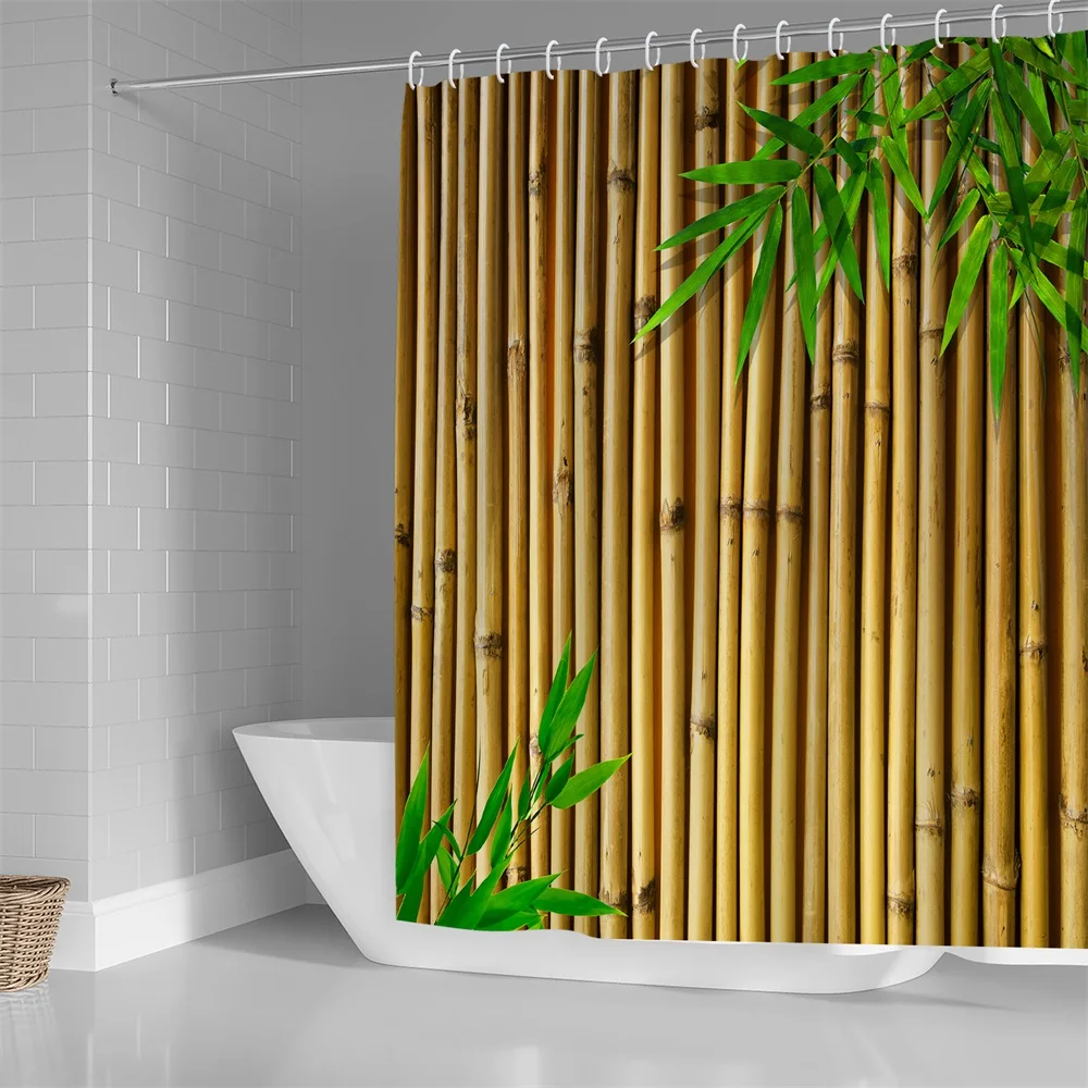 1PC, green bamboo wall, modern home bathroom waterproof shower curtain, with 12 plastic hooks, 71in*71in