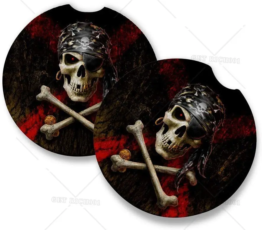 Pirate Skull Car Coasters for Drinks Set of 2 Car Accessories with Absorbent Coasters. Car Coaster Measures 2.56 Inches