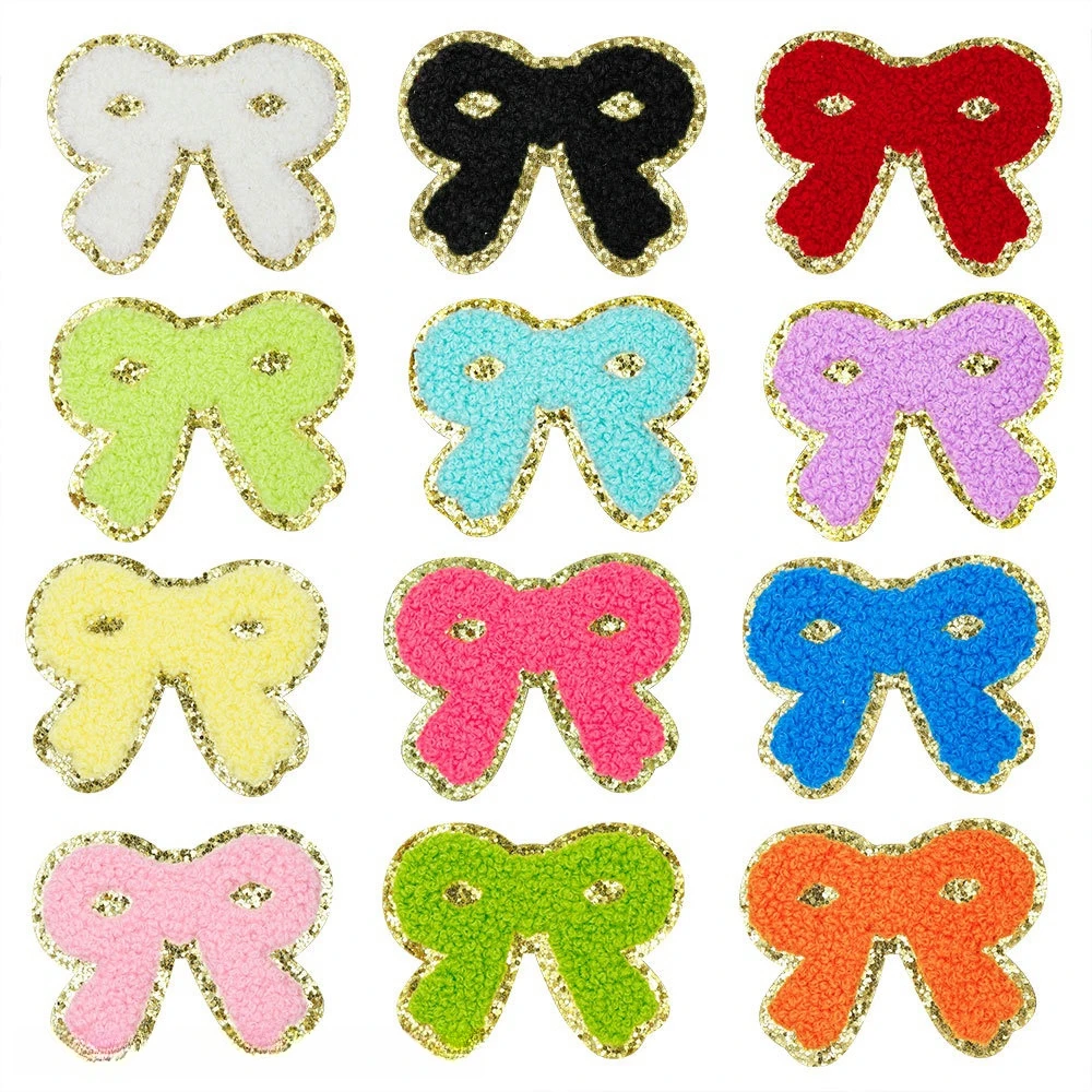 5 Stück/Set Glitzer-Chenille-Schleifen-Aufnäher, bestickte Aufnäher mit Goldrand zum Aufbügeln für DIY-Nähprojekte, Applikationen, Kleidungszubehör – Detail 2