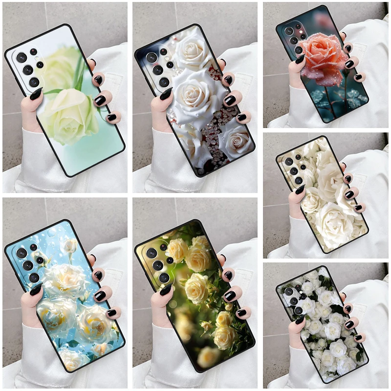 Phone Case For Samsung Galaxy S24 S23 S21fe S22 Ultra Plus Note 10 20 S8 S9 S10 Cover Graceful White Rose