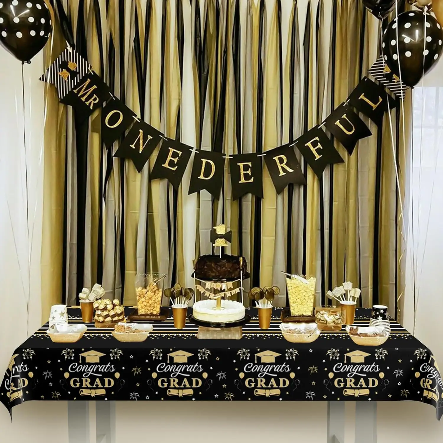 مفرش مائدة للتخرج باللونين الأسود والذهبي ، مبروك غراد مستلزمات حفلات للاستعمال مرة واحدة ، بلاستيك مستطيل ، 54x "، 3 عبوات