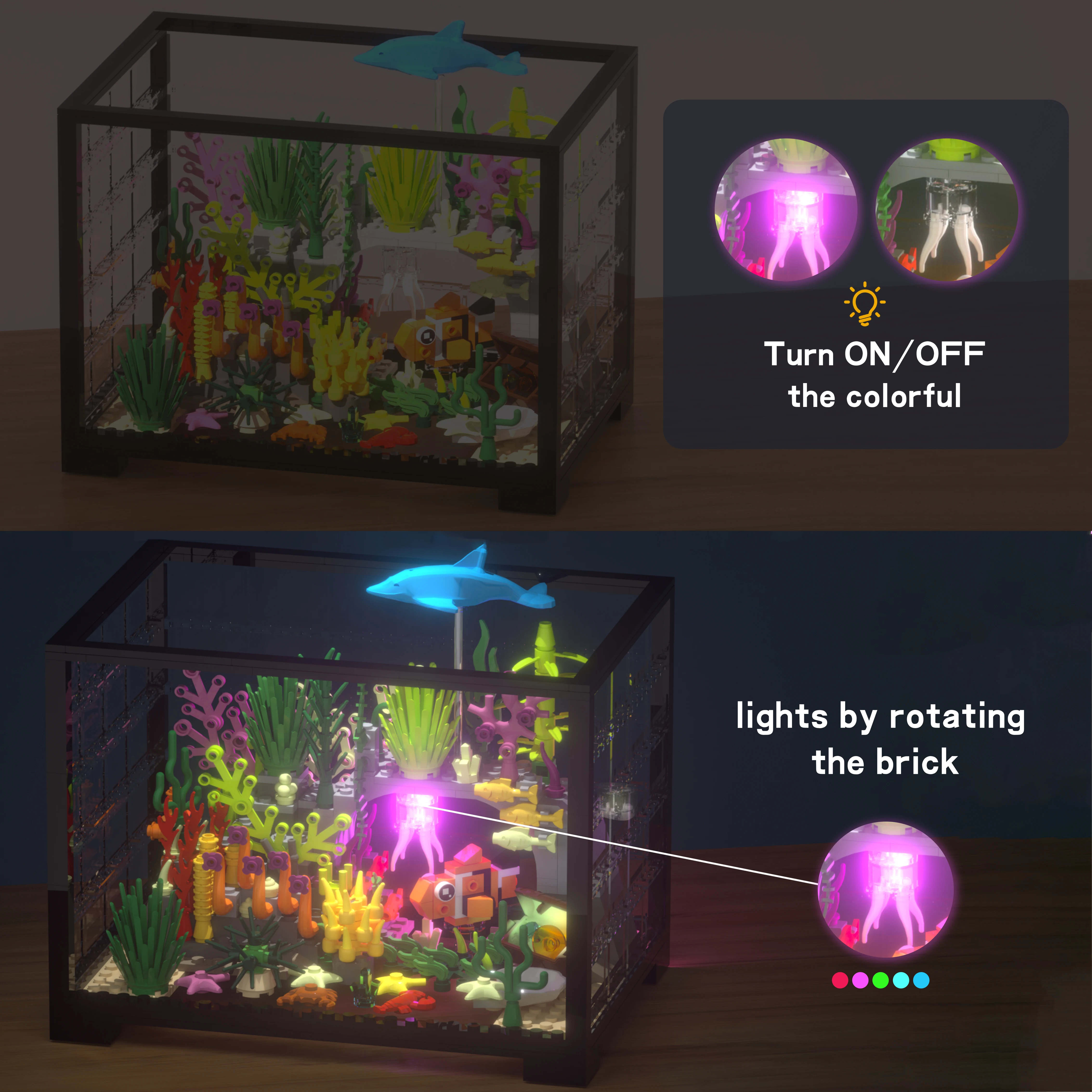 Fish Tank Building Sets with Light Kit Aquarium includes Treasure Chest Dolphin Jellyfish Starfish for Adults Boys Girls