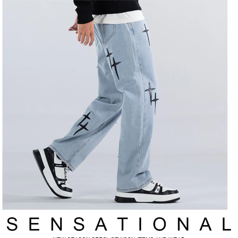 Prints Jeans Men 2026 New Streetwear Baggy Wide Leg Jeans Korean Fashion Drapes Straight Casual Loose Denim Cargo Pants