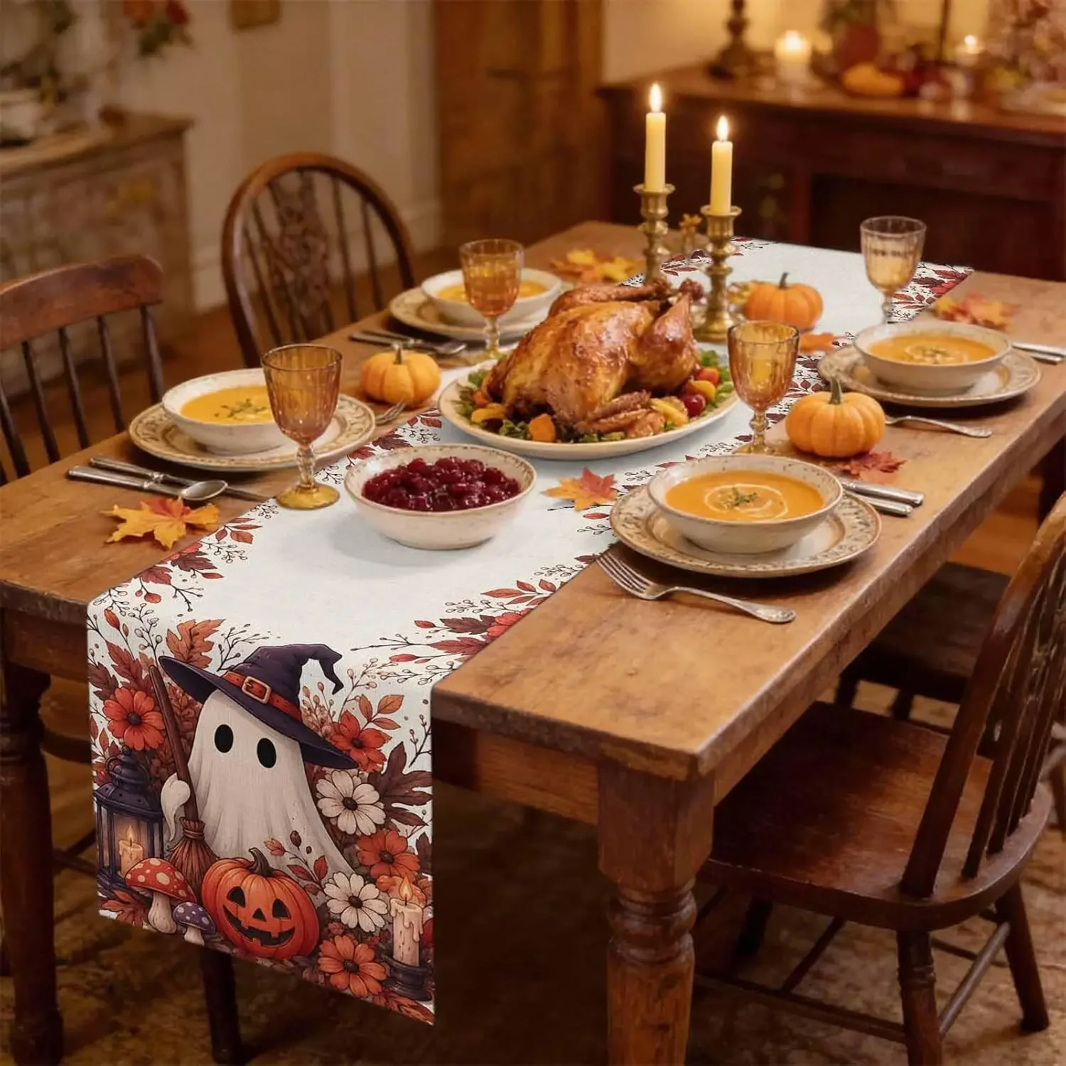 1Pc Halloween Ghost Pumpkin Table Runner Autumn Leaf Floral Print Table Cover For Dining Kitchen Party Decoration Tabletop Decor