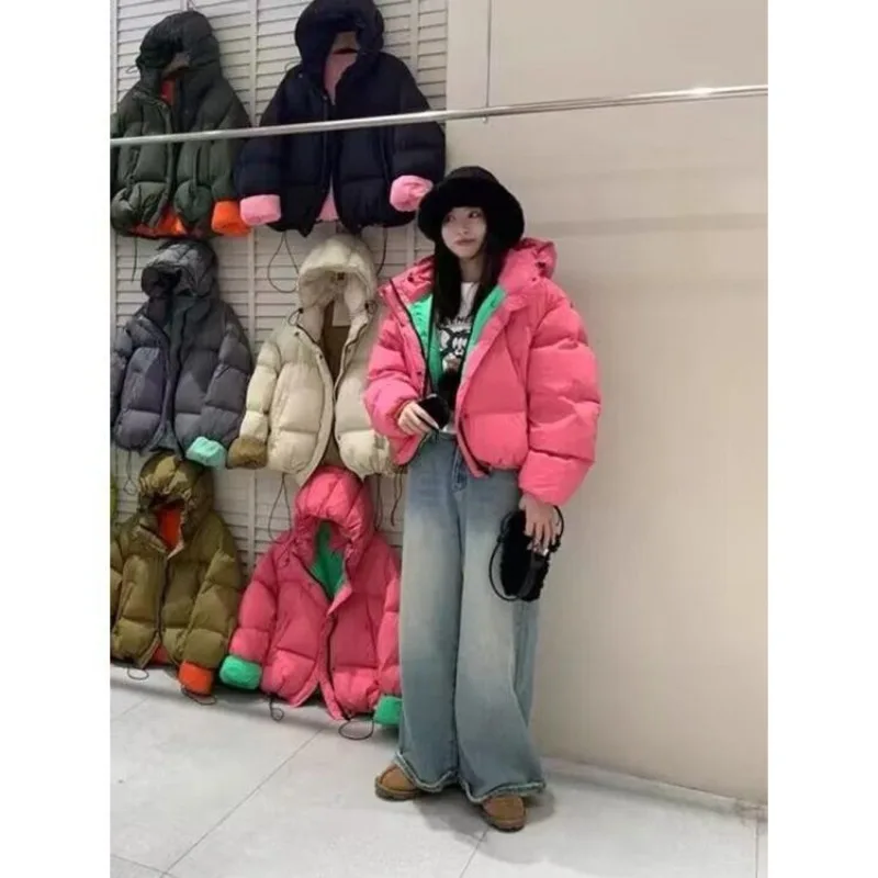 

Luxury Women's Contrasting Colours Down Jacket New Style Short Style Hooded Loose Thicken Casual Candy Colours Bread Jacket