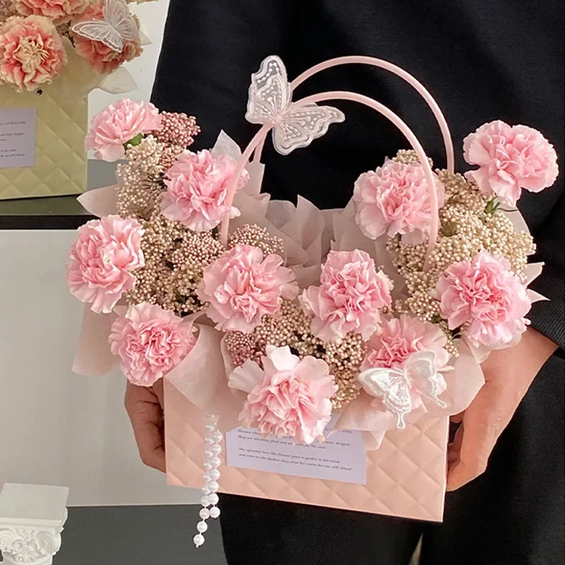 Macaron Lattice Flower Gift Bag Waterproof Bouquet Packaging Tote Bag Floral Handbag For Wedding Birthday Party Valentine's Day view 4