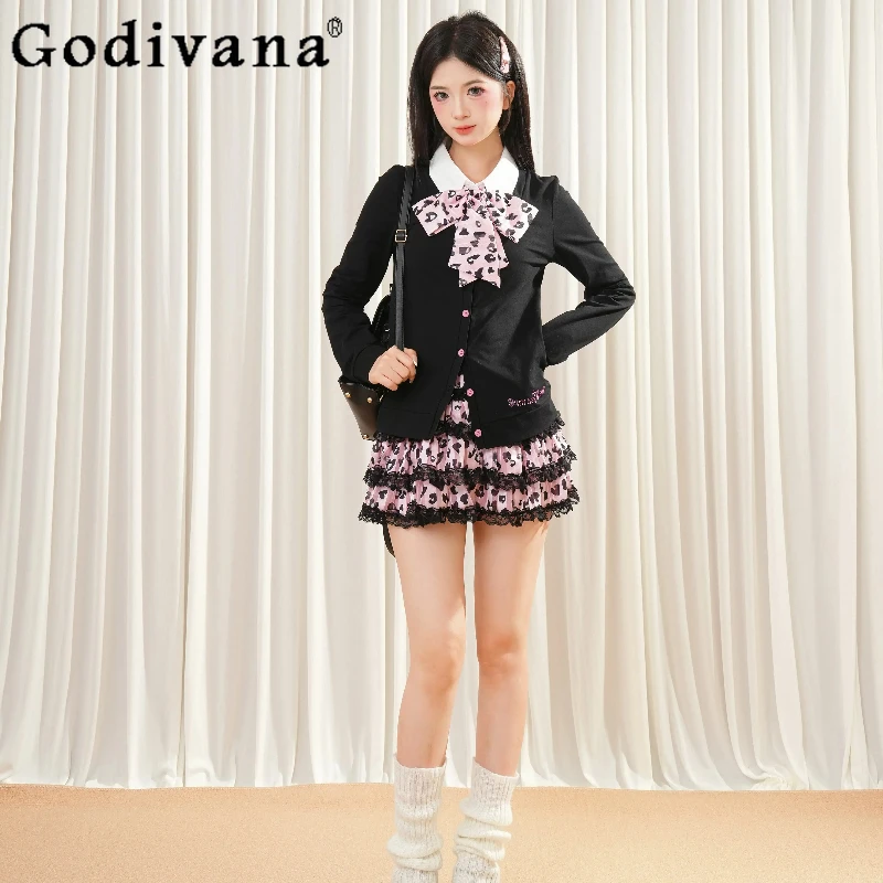 

Hot Girl Skirt Outfits Japanese Style Fake Two Piece Rhinestone Top Pink Leopard Print Skirt Suit Women's Uniform Lolita Set