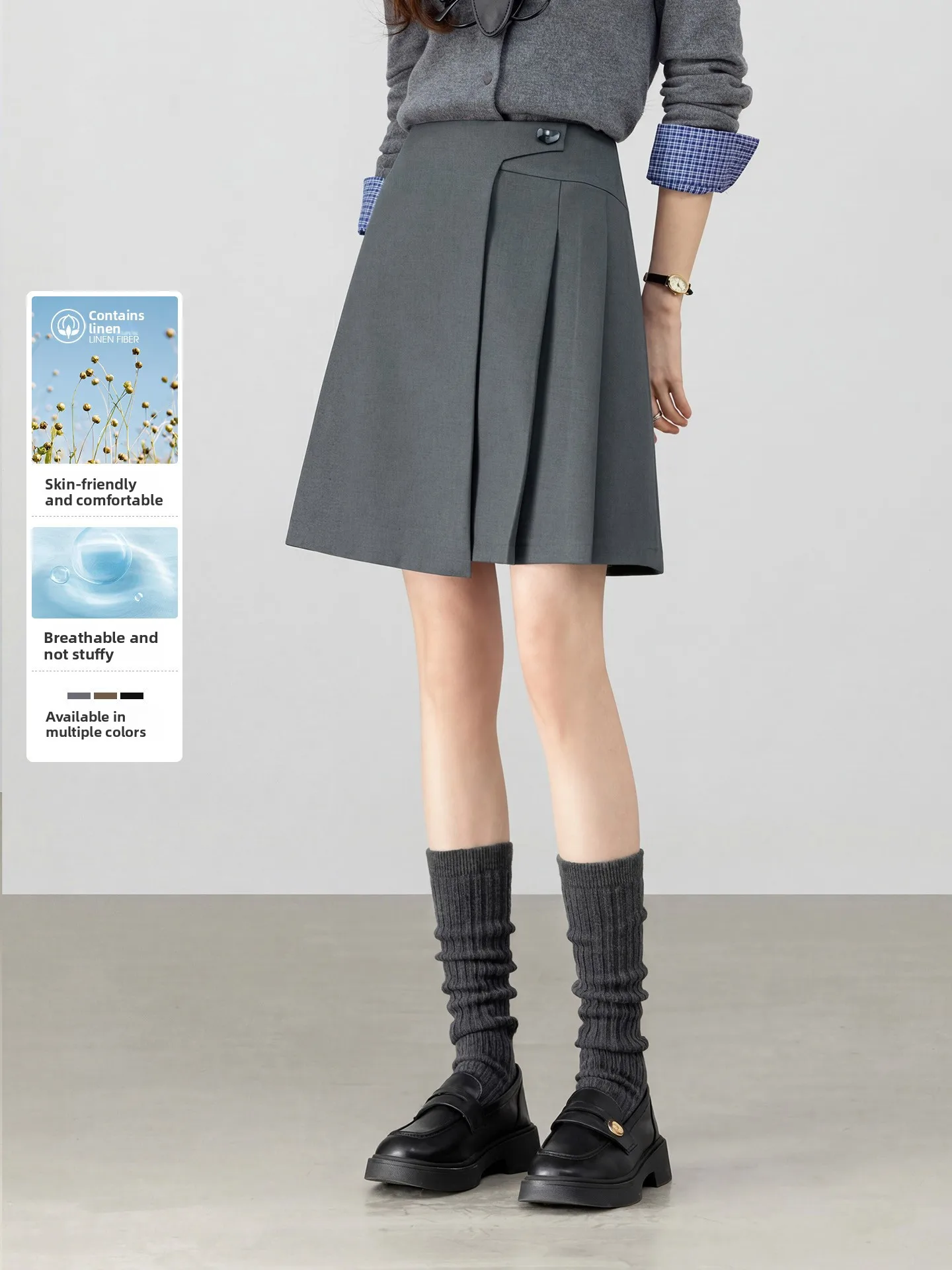 

Серая короткая юбка-трапеция из смесового льна с высокой талией, стройнящая, летняя, повседневная, из полиэстеровой смесовой ткани, с асимметричным подолом